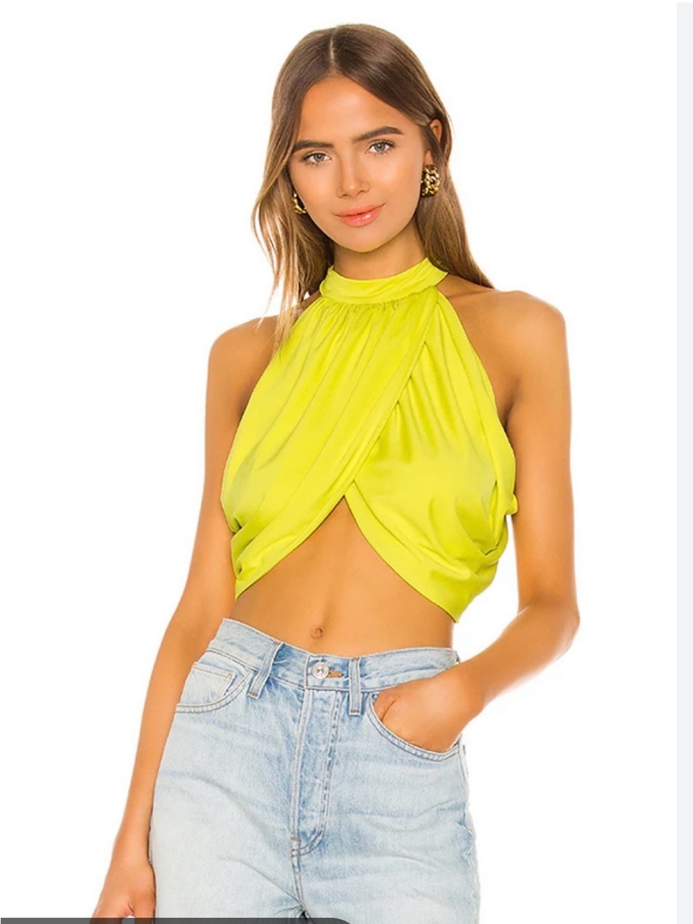 NWT superdown Women's Bright Chartreuse Yellow Draped Mock Neck Halter Top Md